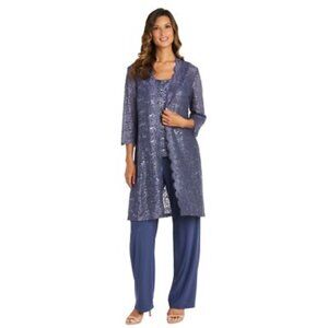 R&M Richards 3 Piece Set Lace Jacket Tank & Pants Size 4P Cadet Blue Womens Eleg